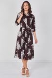 8Pcs Brown Ivory Bouquet Print Belted Midi Shirt Dress