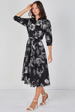 8Pcs Black and White Sketch Floral Belted Midi Shirt Dress
