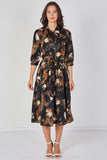 8Pcs Black Rust Watercolour Floral Belted Midi Shirt Dress