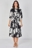 8Pcs Black and White Brushstroke Floral Belted Midi Shirt Dress