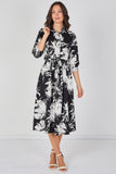 8Pcs Black and White Brushstroke Floral Belted Midi Shirt Dress