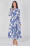 8Pcs Blue Porcelain Floral Printed Belted Maxi Shirt Dress