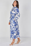 8Pcs Blue Porcelain Floral Printed Belted Maxi Shirt Dress