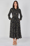 8Pcs Wildflower Ditsy Printed Black Belted Maxi Shirt Dress