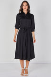 8Pcs Plain Black Velvety Satin Belted Midi Shirt Dress