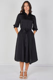 8Pcs Plain Black Velvety Satin Belted Midi Shirt Dress
