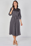 8Pcs Plain Grey Velvety Satin Belted Midi Shirt Dress