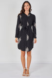 8Pcs Black Botanical Leaf Print Belted Shirt Dress