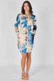 8Pcs Blue Watercolour Marble Print Belted Shirt Dress