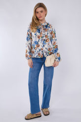 8Pcs Blue Roses Print Tie Lace Satin Blouse