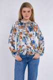 8Pcs Blue Roses Print Tie Lace Satin Blouse