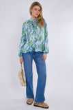 8Pcs Blue and Green Tie Dye Print Tie Lace Satin Blouse