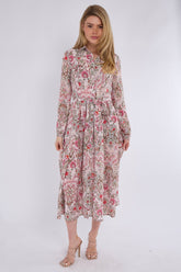 8Pcs Pink Paisley Floral Print Midaxi Chiffon Shirt Dress