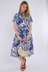 8Pcs Blue Paisley Floral Print Short Sleeve Midi Shirt Dress