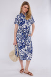 8Pcs Blue Paisley Floral Print Short Sleeve Midi Shirt Dress