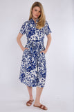 8Pcs Blue Paisley Floral Print Short Sleeve Midi Shirt Dress