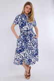8Pcs Blue Paisley Floral Print Short Sleeve Midi Shirt Dress