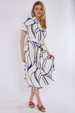 8Pcs Blue Graphic Wave Print Short Sleeve Midi Shirt Dress