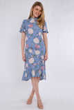8Pcs Blue Peony Flutter Sleeve Midi Tea Dress