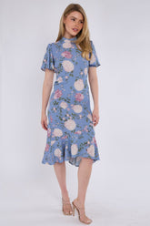 8Pcs Blue Peony Flutter Sleeve Midi Tea Dress