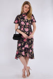 8Pcs Black Peony Printed Flutter Sleeve Midi Tea Dress