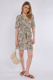 6Pcs Yellow & Blue Floral Print Knotted Mini Dress