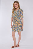 6Pcs Yellow & Blue Floral Print Knotted Mini Dress