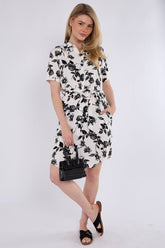 6Pcs Black Floral Print Short Sleeve Mini Shirt Dress