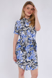 6Pcs Blue Leaf Print Short Sleeve Mini Shirt Dress