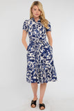 8Pcs Cobalt Leaf Print Linen-Blend Midi Shirt Dress