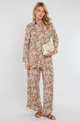 8Pcs Brown Paisley Floral Print Co-ord Shirt and Trousers Set