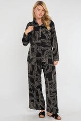 8Pcs Black Geometric Maze Print Co-ord Shirt and Trousers Set