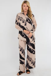 8Pcs Beige Abstract Brushstroke Print Co-ord Shirt and Trousers Set