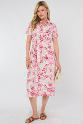 8Pcs Pink Swirl Print Short Sleeve Midi Shirt Dress