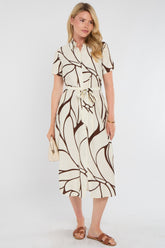8Pcs Brown Graphic Wave Print Short Sleeve Midi Shirt Dress