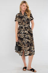 8Pcs Black Swirl Print Short Sleeve Midi Shirt Dress