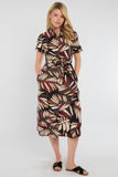8Pcs Black Bold Leaf Print Midi Shirt Dress