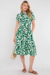 8Pcs Green Leaf Print Linen-Blend Midi Shirt Dress