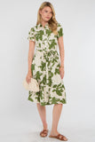 8Pcs Green Botanical Leaf Print Tiered Midi Shirt Dress