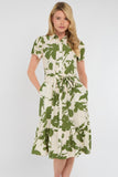 8Pcs Green Botanical Leaf Print Tiered Midi Shirt Dress