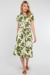 8Pcs Green Botanical Leaf Print Tiered Midi Shirt Dress