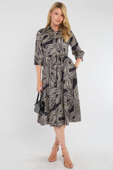8Pcs Black Geometric Print Half Sleeve Midi Shirt Dress
