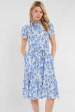 8Pcs Cornflower Blue Floral Print Midi Shirt Dress