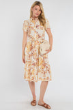 8Pcs Yellow Swirl Print Frilled Hem Midi Dress