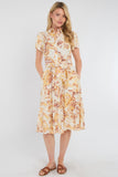 8Pcs Yellow Swirl Print Frilled Hem Midi Dress