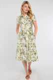 8Pcs Green Swirl Print Linen-Blend Frilled Hem Midi Dress