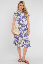 8Pcs Lilac Botanical Leaf Print Tiered Midi Shirt Dress