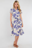 8Pcs Lilac Botanical Leaf Print Tiered Midi Shirt Dress