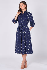 8Pcs Navy Polka Dot Half Sleeve Midi Shirt Dress