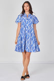 8Pcs Blue Leaf Pattern Print Tiered Mini Dress